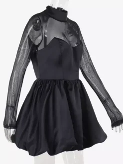 Mesh Sleeve Mini Dress For Women - Black Elegant Mock Neck Puff Skater - Spring Evening Cocktail 2026