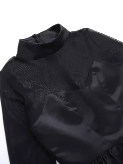 Mesh Sleeve Mini Dress For Women - Black Elegant Mock Neck Puff Skater - Spring Evening Cocktail 2026