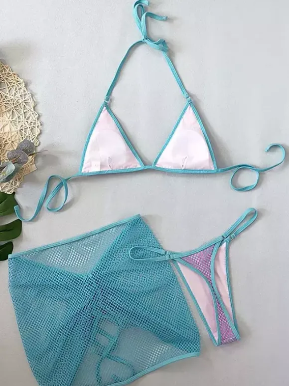 Mesh Swimsuit Set Contrast Color Bikini And Mini Skirt Cover-up For Beach 2026