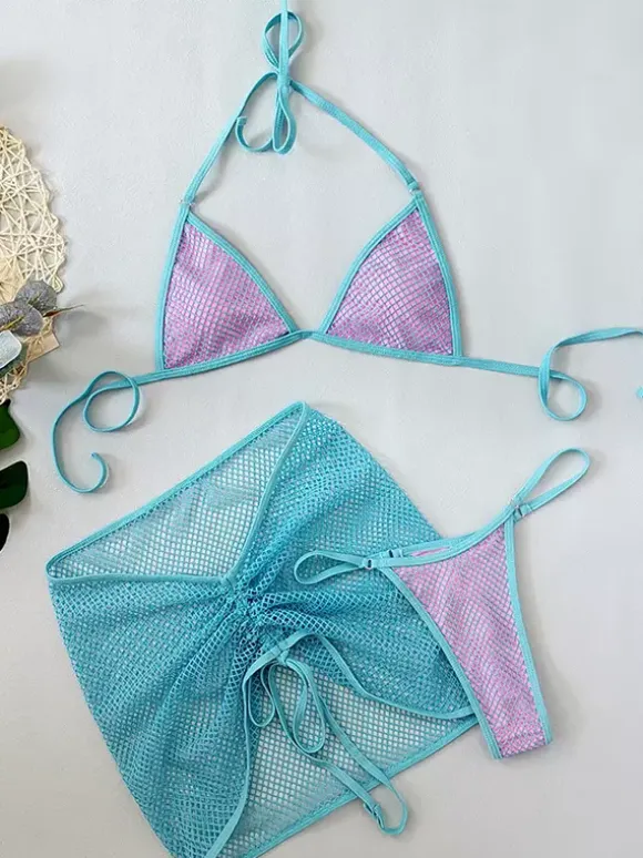Mesh Swimsuit Set Contrast Color Bikini And Mini Skirt Cover-up For Beach 2026