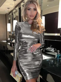 Metallic Color Bodycon Dress Padded Shoulder Pleated Sheath Dresses