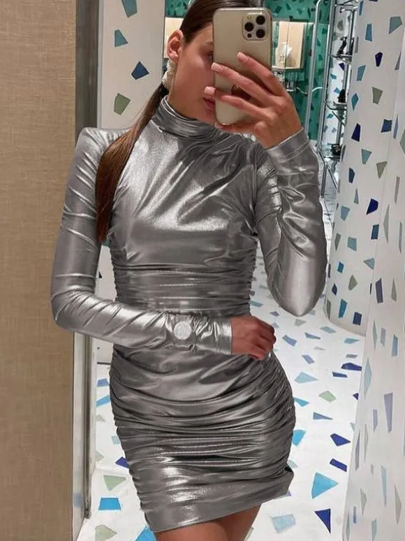 Metallic Color Bodycon Dress Padded Shoulder Pleated Sheath Dresses