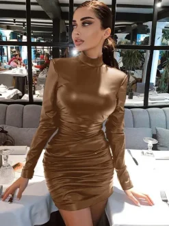 Metallic Color Bodycon Dress Padded Shoulder Pleated Sheath Dresses