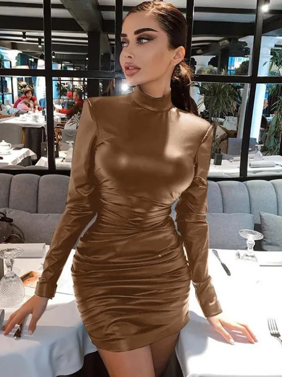 Metallic Color Bodycon Dress Padded Shoulder Pleated Sheath Dresses