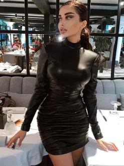 Metallic Color Bodycon Dress Padded Shoulder Pleated Sheath Dresses