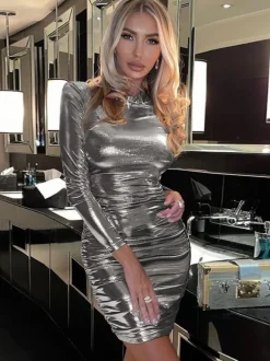 Metallic Color Bodycon Dress Padded Shoulder Pleated Sheath Dresses
