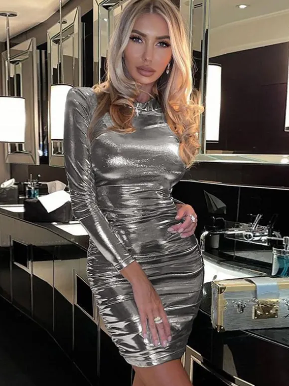 Metallic Color Bodycon Dress Padded Shoulder Pleated Sheath Dresses