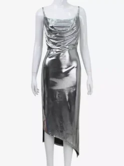 Metallic Cowl Neck Slip Dress For Women - Silver Sexy Cut Out Back Asymmetrical Midi Slit Dress - Summer Night Club Party 2026