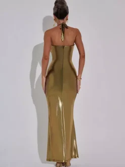 Metallic Gold Maxi Dress With Open Back Party Halter Bodycon Dress For Women 2026