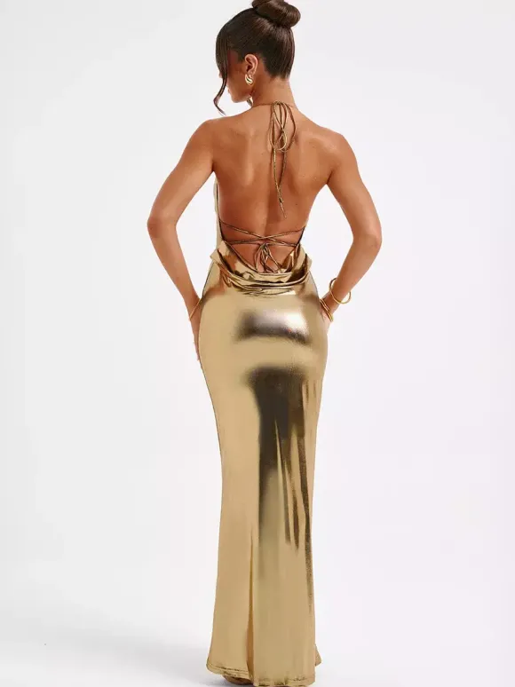 Metallic Gold Maxi Dress With Open Back Party Bodycon Halter Dress Dress For Women 2026
