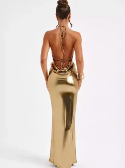 Metallic Gold Maxi Dress With Open Back Party Bodycon Halter Dress Dress For Women 2026