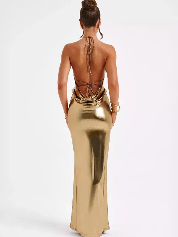 Metallic Gold Maxi Dress With Open Back Party Bodycon Halter Dress Dress For Women 2026