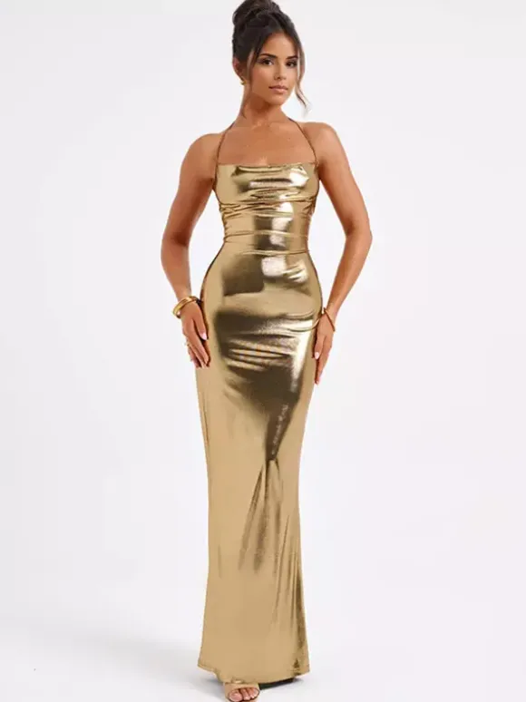 Metallic Gold Maxi Dress With Open Back Party Bodycon Halter Dress Dress For Women 2026