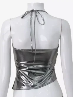 Metallic Halter Top For Women - Silver Sexy Side Slit Asymmetrical Tank - Summer Night Club Party 2026