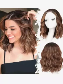 Middle Part Water Wave Bob Wig Medium Length Layered Loose Curly Heat Resistant Synthetic Hair Wig