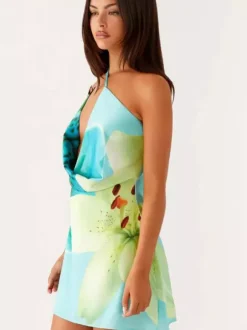 Midi Dress Floral Print Lace Up Backless Chiffon Chic Embellished Collar Sleeveless Dress