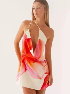 Midi Dress Floral Print Lace Up Backless Chiffon Chic Embellished Collar Sleeveless Dress