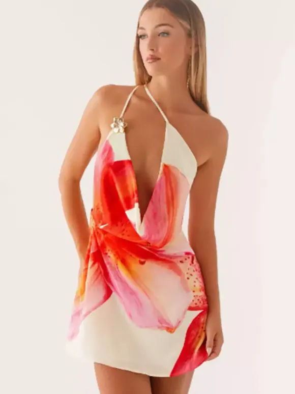 Midi Dress Floral Print Lace Up Backless Chiffon Chic Embellished Collar Sleeveless Dress