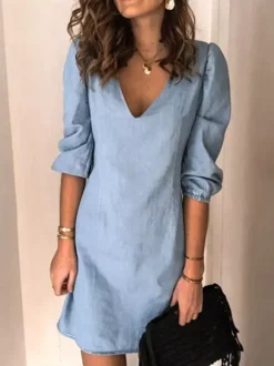 Midi Dress V-Neck Half Sleeves Simple Light Sky Blue Summer Dress