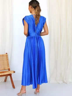 Midi Dress V-Neck Sleeveless Casual Oversized Pleated Party Prom Dress