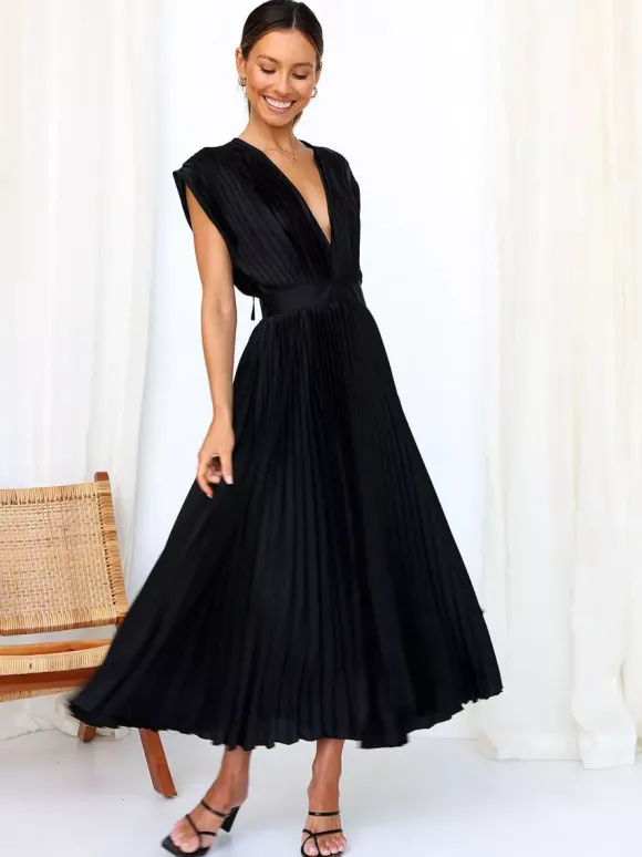 Midi Dress V-Neck Sleeveless Casual Oversized Pleated Party Prom Dress