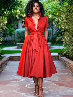 Midi Shirt Dresses Orange Stand Collar Sash Short Sleeves Layered Dress