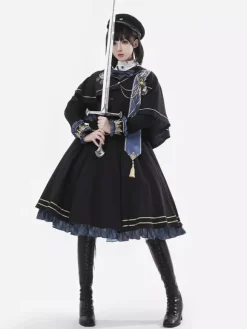 Military Lolita Dress Uniform with Tie and Cape Stylish Army Maiden Cosplay Costume for Role Playing