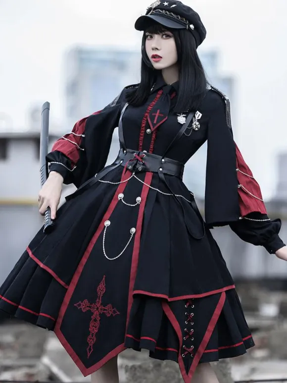 Military Style Lolita OP Dress 3 Pieces Set Black Long Sleeves Polyester Lolita Dress Outfit