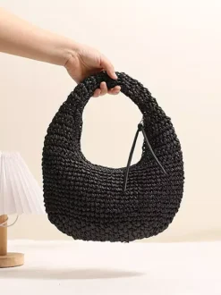 Mini Crescent Raffia Straw Underarm Bag Hollow Woven Hobo Handbag Summer Beach Vacation Shoulder Purse
