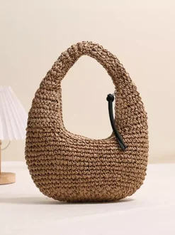 Mini Crescent Raffia Straw Underarm Bag Hollow Woven Hobo Handbag Summer Beach Vacation Shoulder Purse