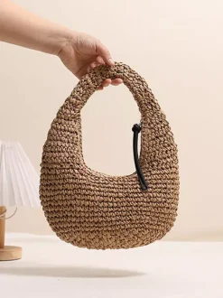 Mini Crescent Raffia Straw Underarm Bag Hollow Woven Hobo Handbag Summer Beach Vacation Shoulder Purse