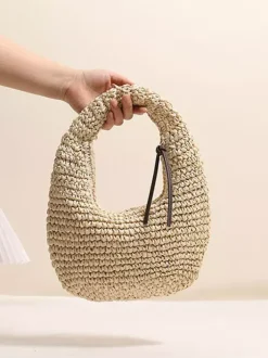 Mini Crescent Raffia Straw Underarm Bag Hollow Woven Hobo Handbag Summer Beach Vacation Shoulder Purse