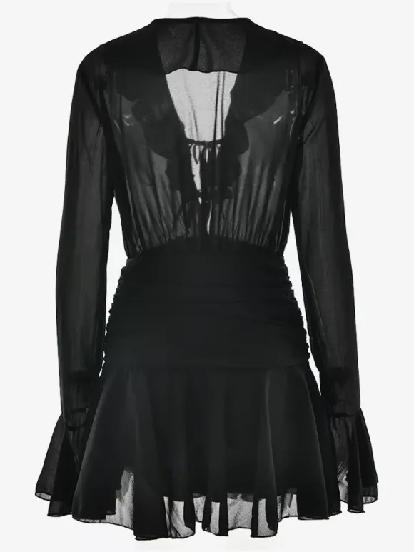 Mini Dress With Tie Front V-neck Long Sleeve Ruched Waist Skater Dress For Women 2026