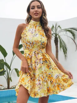 Mini Dresses Pink Floral Print Sleeveless Short Dress