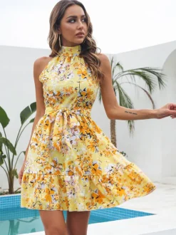 Mini Dresses Pink Floral Print Sleeveless Short Dress