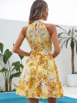 Mini Dresses Pink Floral Print Sleeveless Short Dress
