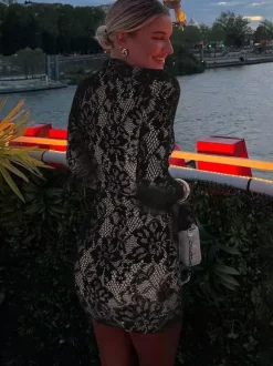 Mini Lace Dress With Cutout Long Sleeve High Neck Sexy Bodycon Club Dress For Women 2026
