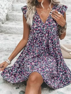 Mini Dresses White Printed Sleeveless Short Dress For Women