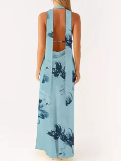 Minimalism Halter Neck Maxi Dress For Women - Elegant Backless Sleeveless Prom Gown With Scarf - Summer Formal Evening 2026
