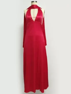 Minimalism Halter Neck Maxi Dress For Women - Elegant Backless Sleeveless Prom Gown With Scarf - Summer Formal Evening 2026