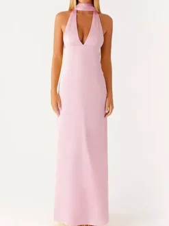 Minimalism Halter Neck Maxi Dress For Women - Elegant Backless Sleeveless Prom Gown With Scarf - Summer Formal Evening 2026