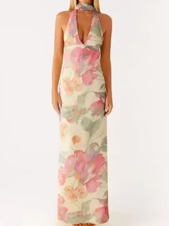 Minimalism Halter Neck Maxi Dress For Women - Elegant Backless Sleeveless Prom Gown With Scarf - Summer Formal Evening 2026