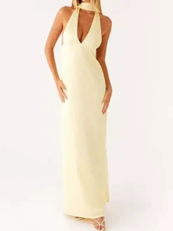 Minimalism Halter Neck Maxi Dress For Women - Elegant Backless Sleeveless Prom Gown With Scarf - Summer Formal Evening 2026