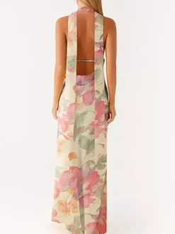 Minimalism Halter Neck Maxi Dress For Women - Elegant Backless Sleeveless Prom Gown With Scarf - Summer Formal Evening 2026
