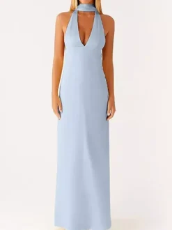 Minimalism Halter Neck Maxi Dress For Women - Elegant Backless Sleeveless Prom Gown With Scarf - Summer Formal Evening 2026