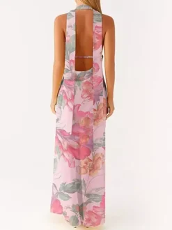 Minimalism Halter Neck Maxi Dress For Women - Elegant Backless Sleeveless Prom Gown With Scarf - Summer Formal Evening 2026