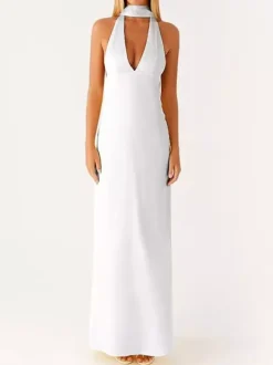 Minimalism Halter Neck Maxi Dress For Women - Elegant Backless Sleeveless Prom Gown With Scarf - Summer Formal Evening 2026