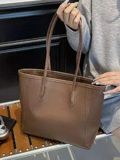 Minimalist Color Block Large Capacity Leather Tote Bag Daily Commute Shoulder Handbag