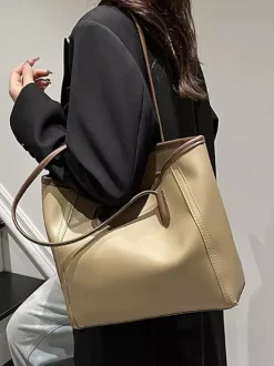 Minimalist Color Block Large Capacity Leather Tote Bag Daily Commute Shoulder Handbag
