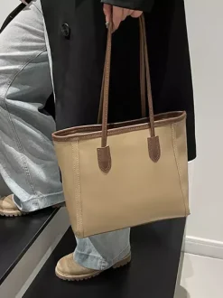 Minimalist Color Block Large Capacity Leather Tote Bag Daily Commute Shoulder Handbag